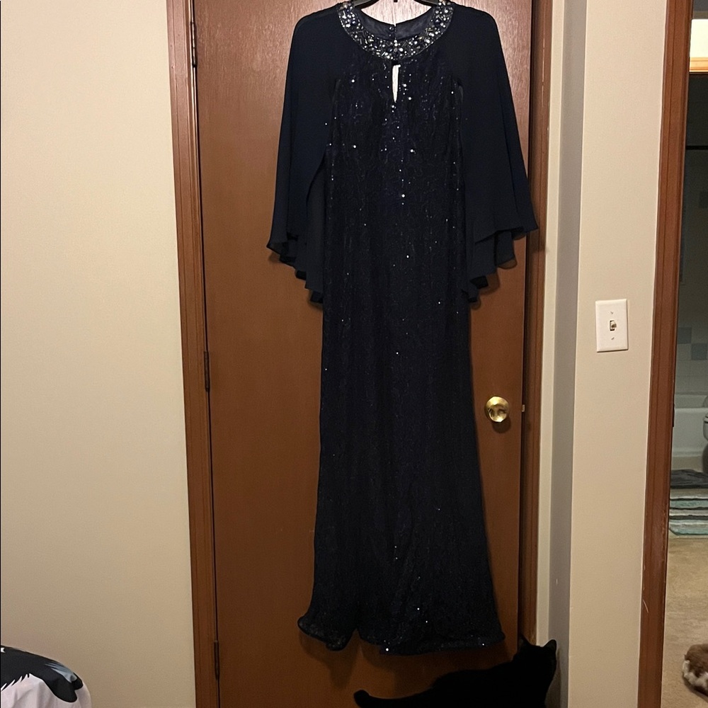 Navy Blue Sequin Long  Dress sleeveless with attached cape